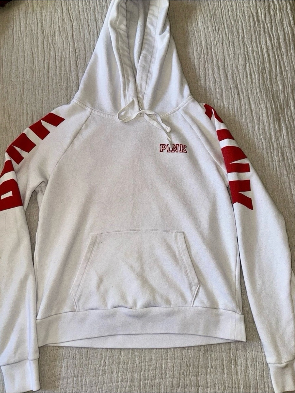 PINK Victoria's Secret White Hoodie with Red Sleeve Graphics